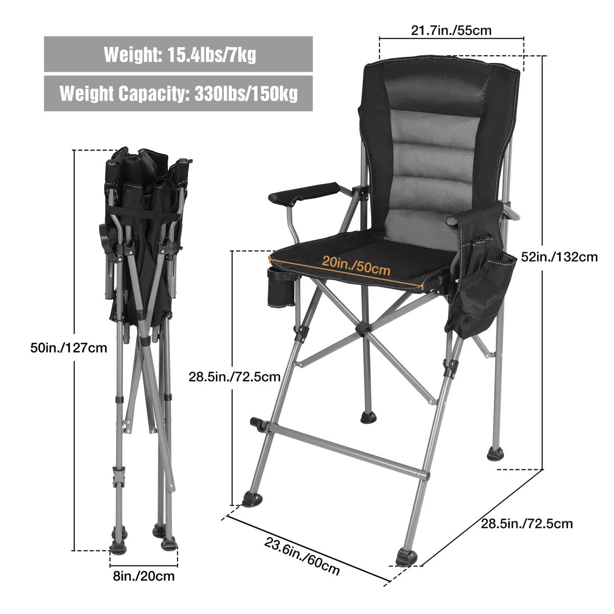 Bar Height Extra Tall Folding Chairs with High Back Padded Seat and Arms
