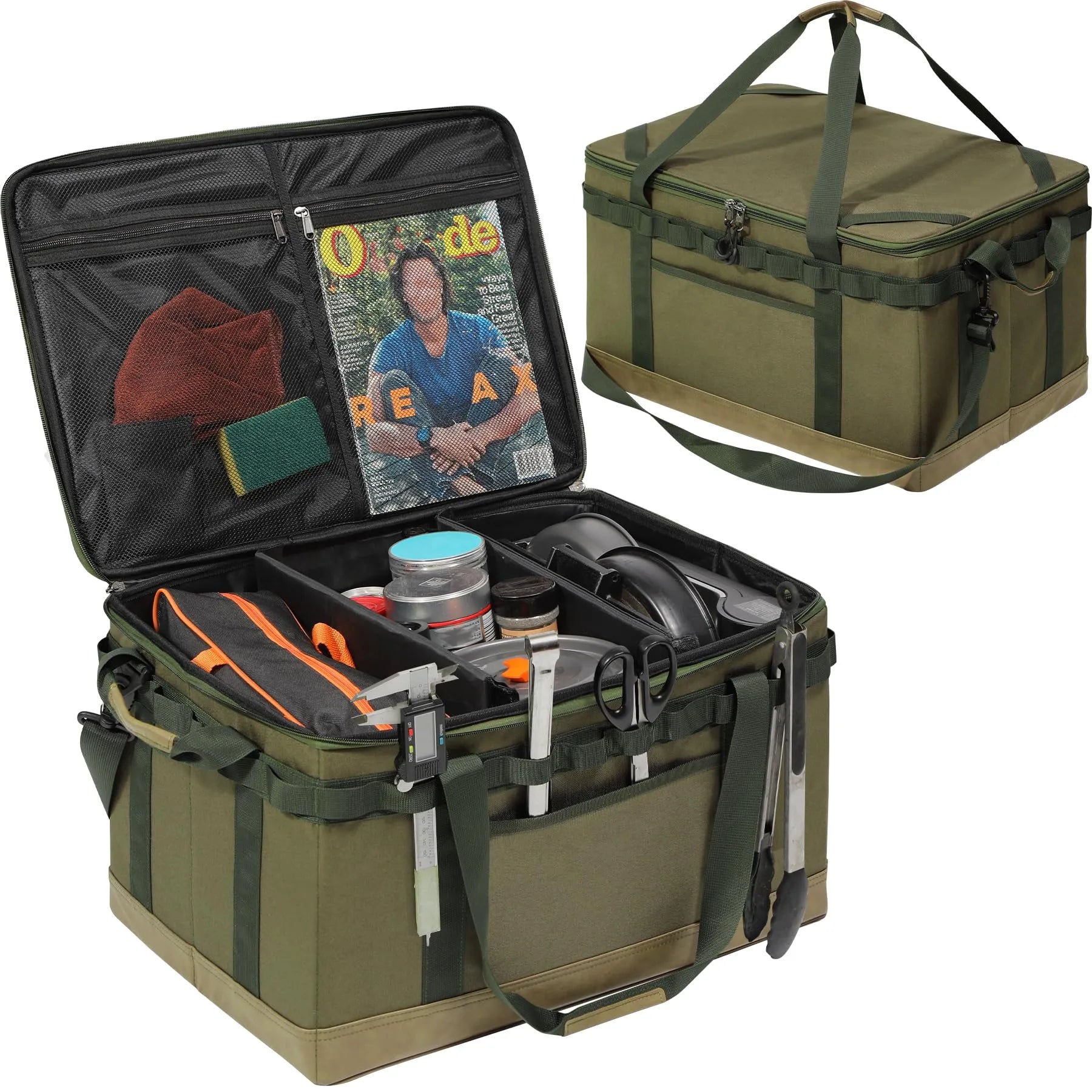 Tactical Camping Storage Bag, 57L Tactical Utility Camping Tote Organizer,Waterproof Camping Storage Organizer Duffel Bag with 2 Adjustable Dividers&