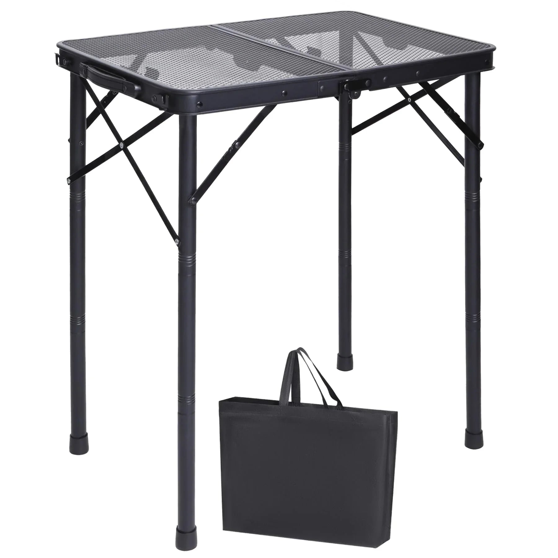 2 Feet Small Folding Grill Table for Outside, 3 Heights Adjustable Portable Metal Outdoor Picnic Table for Camping Travel Cooking BBQ, Black, 24