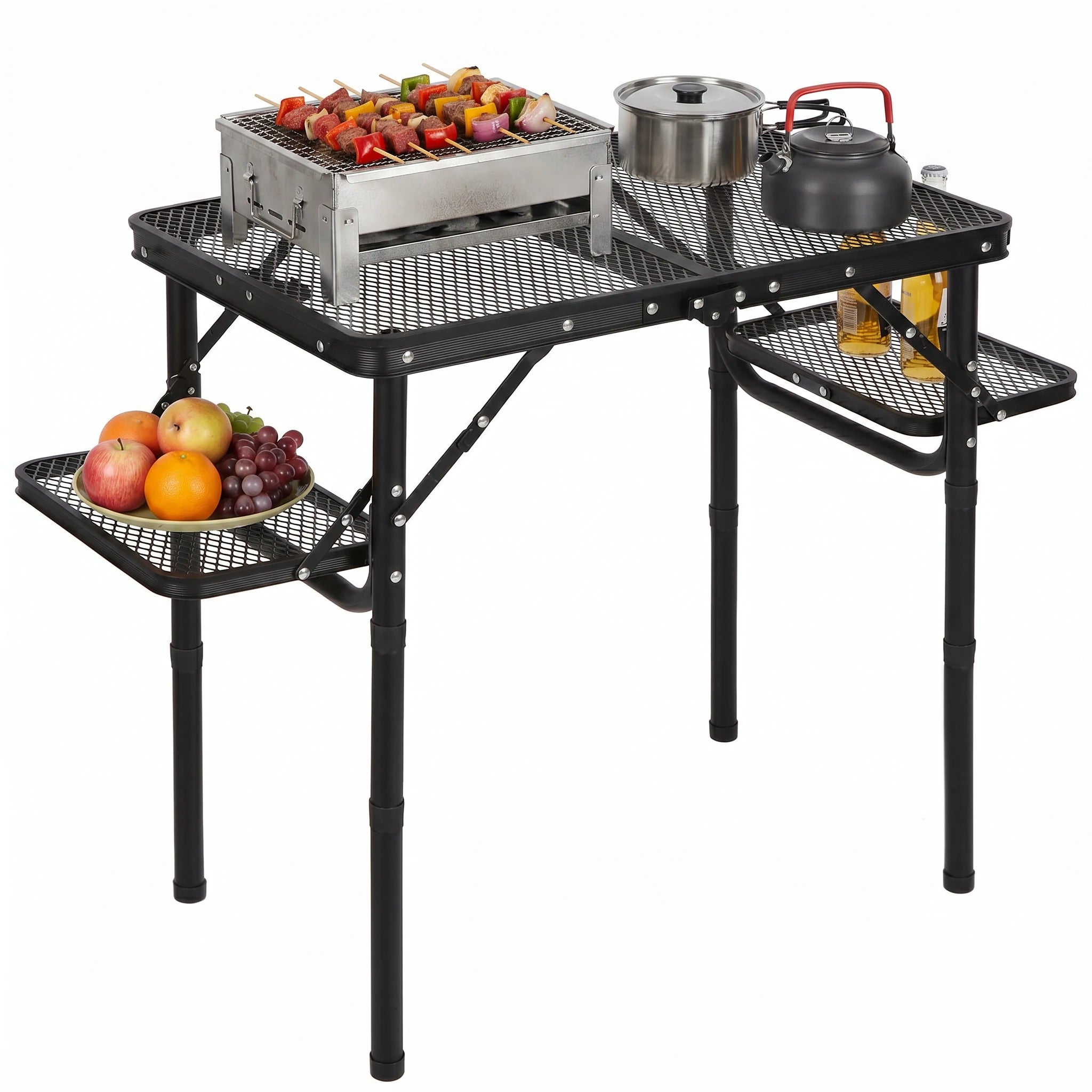 Folding Grill Table with Extra Space, Adjustable Height Portable Small Stand Table for Outdoor Indoor Camping Picnic BBQ, Black with Side Table
