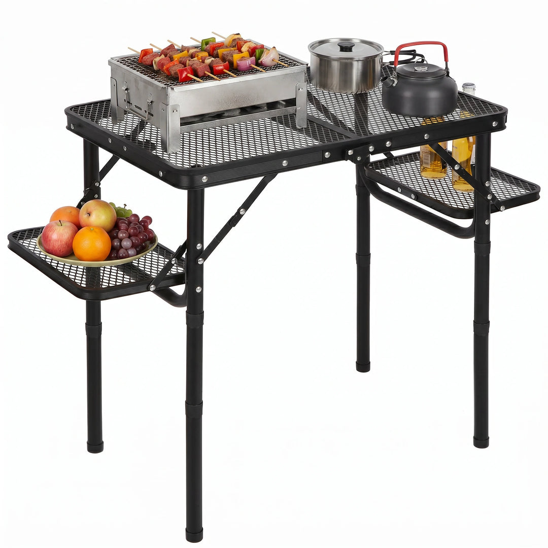 Folding Grill Table with Extra Space, Adjustable Height Portable Small Stand Table for Outdoor Indoor Camping Picnic BBQ, Black with Side Table