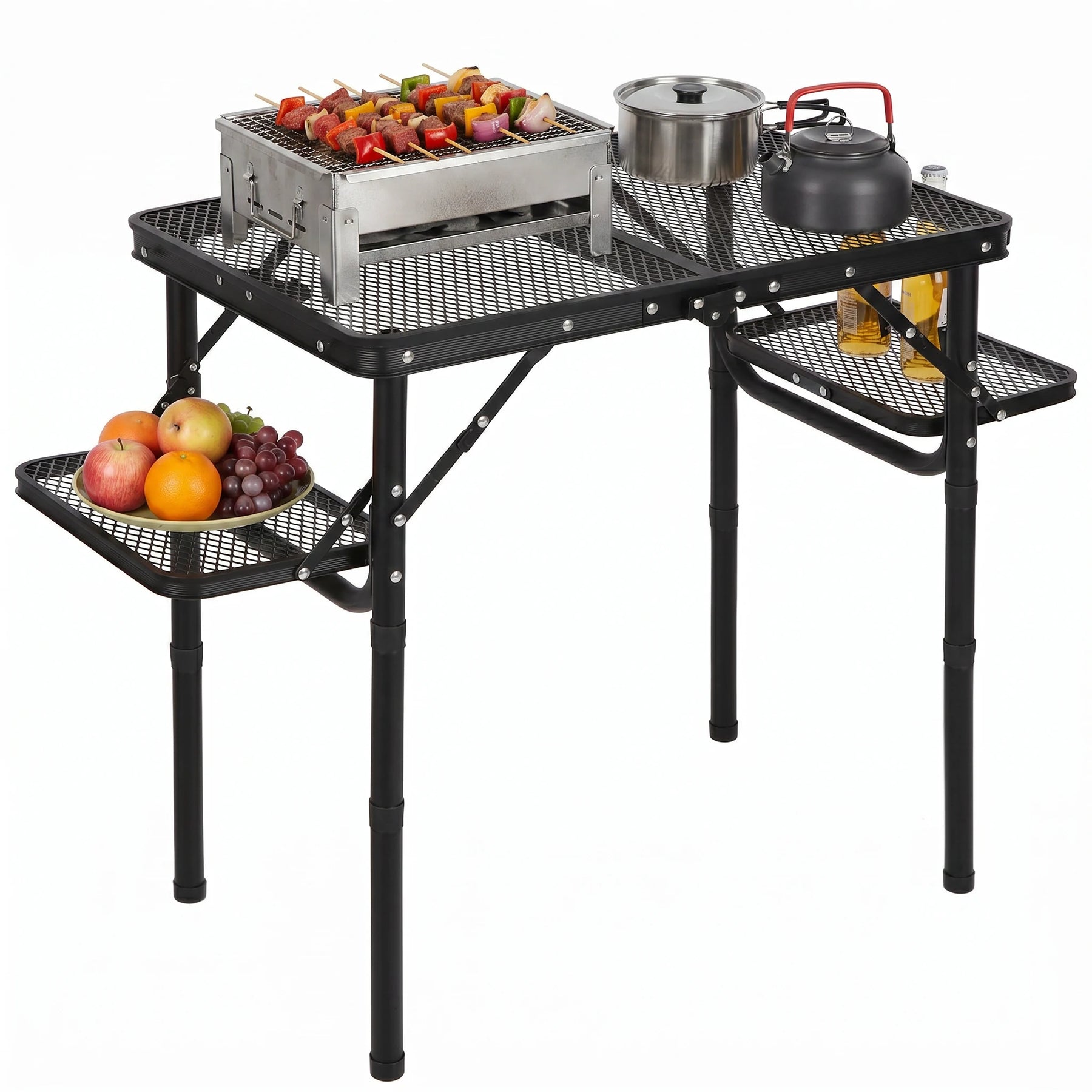 Folding Grill Table with Extra Space, Adjustable Height Portable Small Stand Table for Outdoor Indoor Camping Picnic BBQ, Black with Side Table