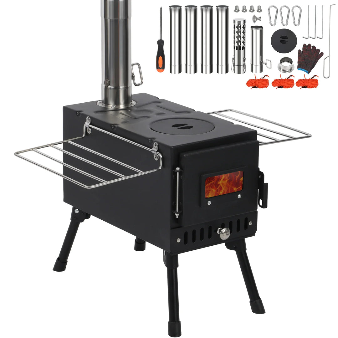 Hot Tent Stove with 6-Section Chimney & Dual Side Racks