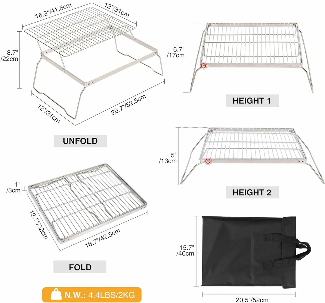 Portable Folding Campfire Grill 304 Stainless Steel Grate with Carrying Bag - Redcamp