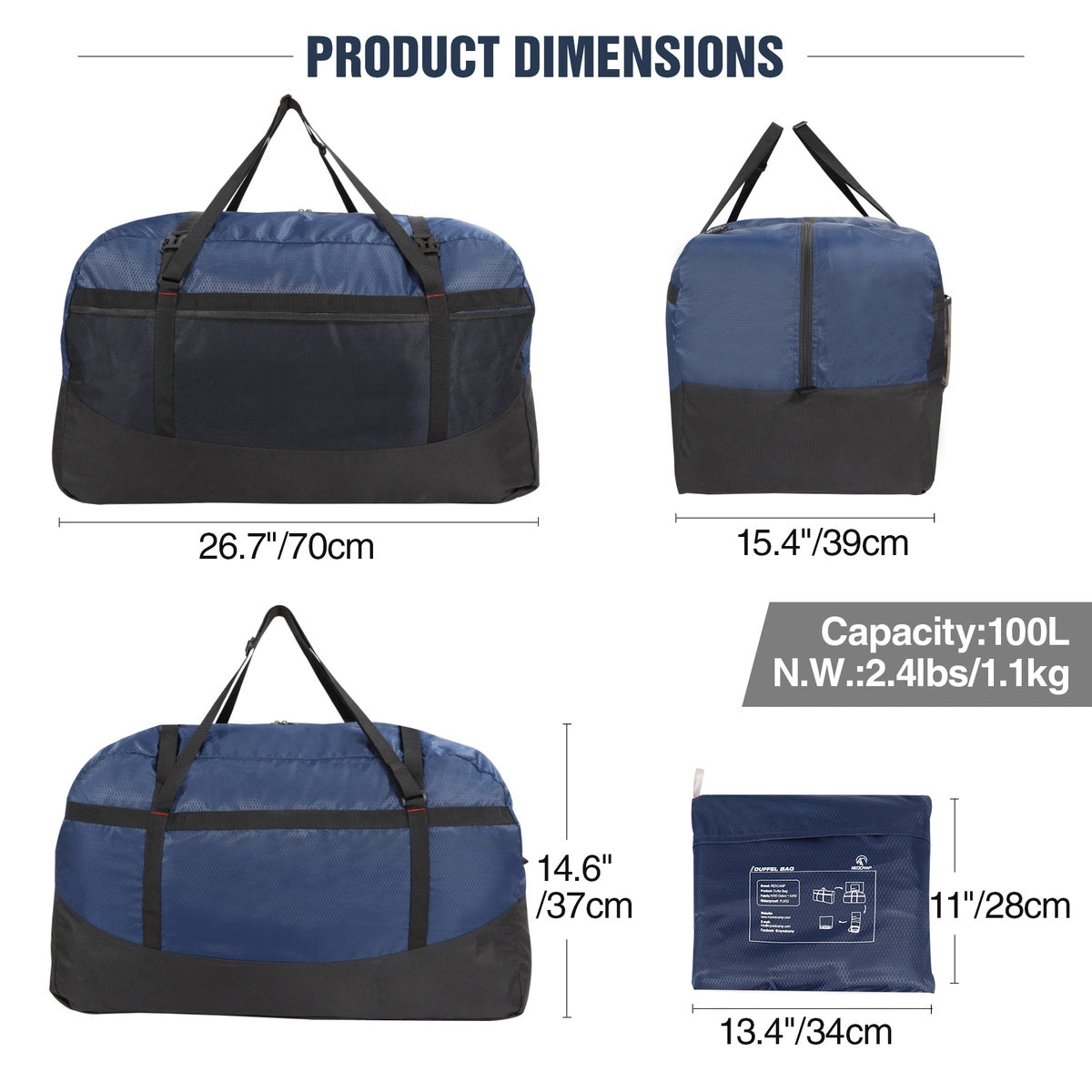 60/75/96L/100L Extra Large Duffle Bag Lightweight