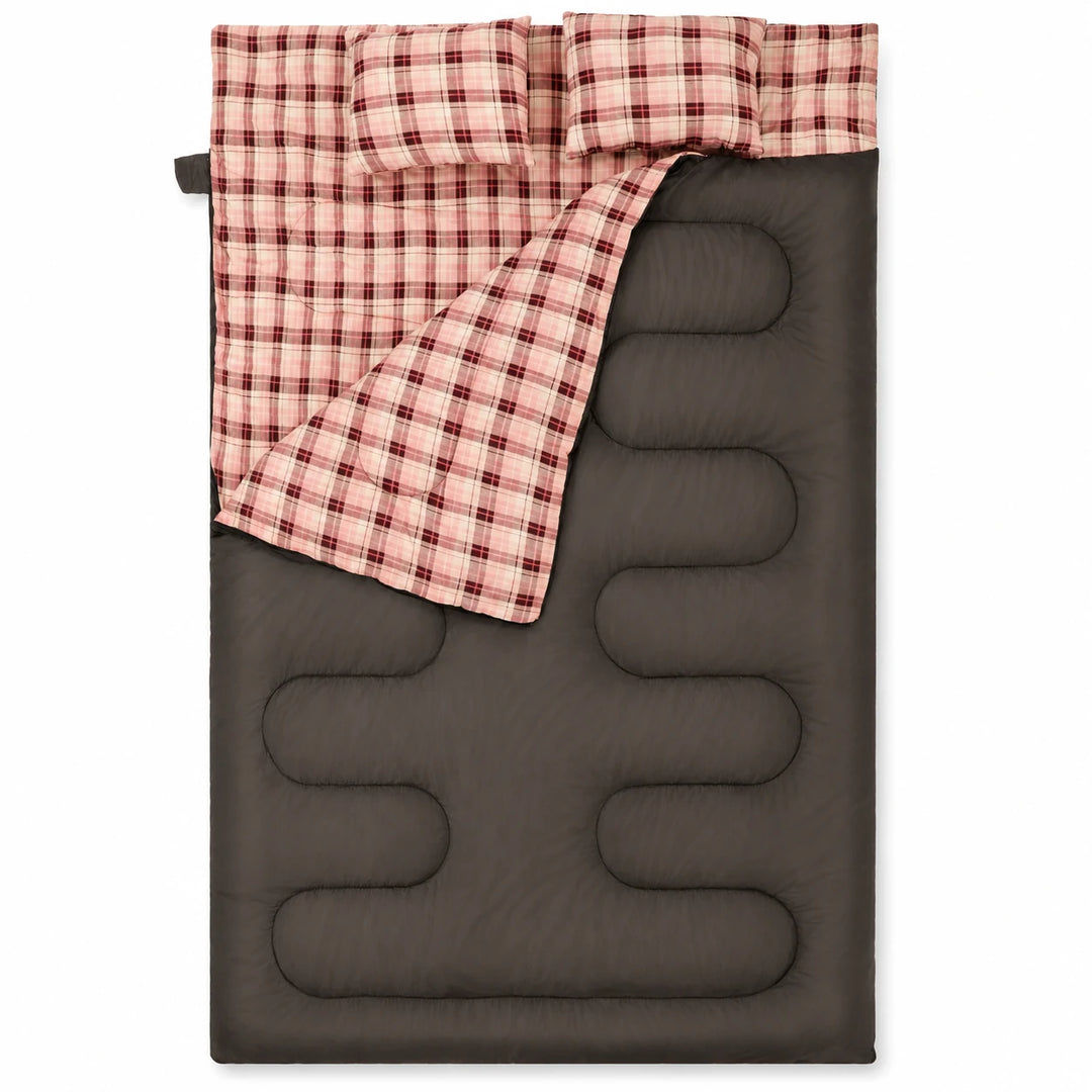 20°F Queen Size Cotton Double Sleeping Bag-Pink Plaid