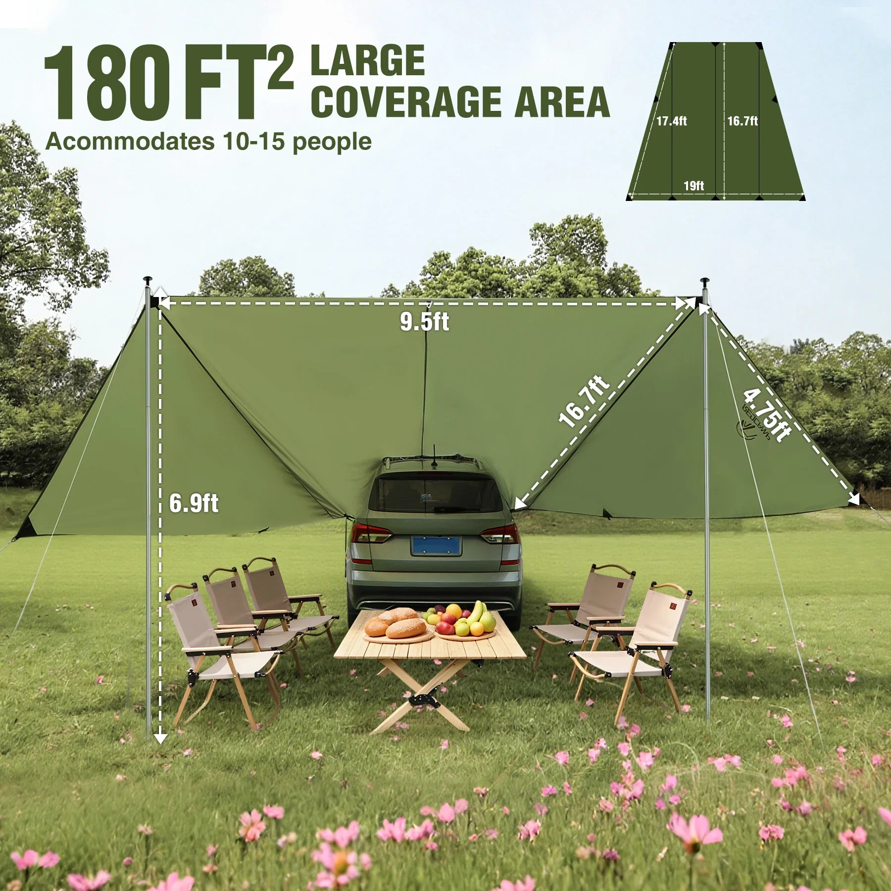 tarp for car camping Army Green Car Awning Camping Tarp, 19x 17ft Shade