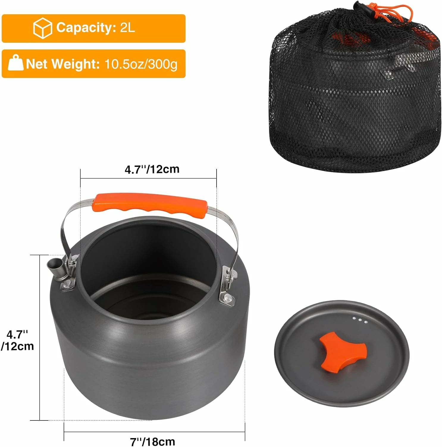 Aluminum Outdoor Camping Kettle with Carrying Bag, 0.8L/0.9L/1.4L/2L