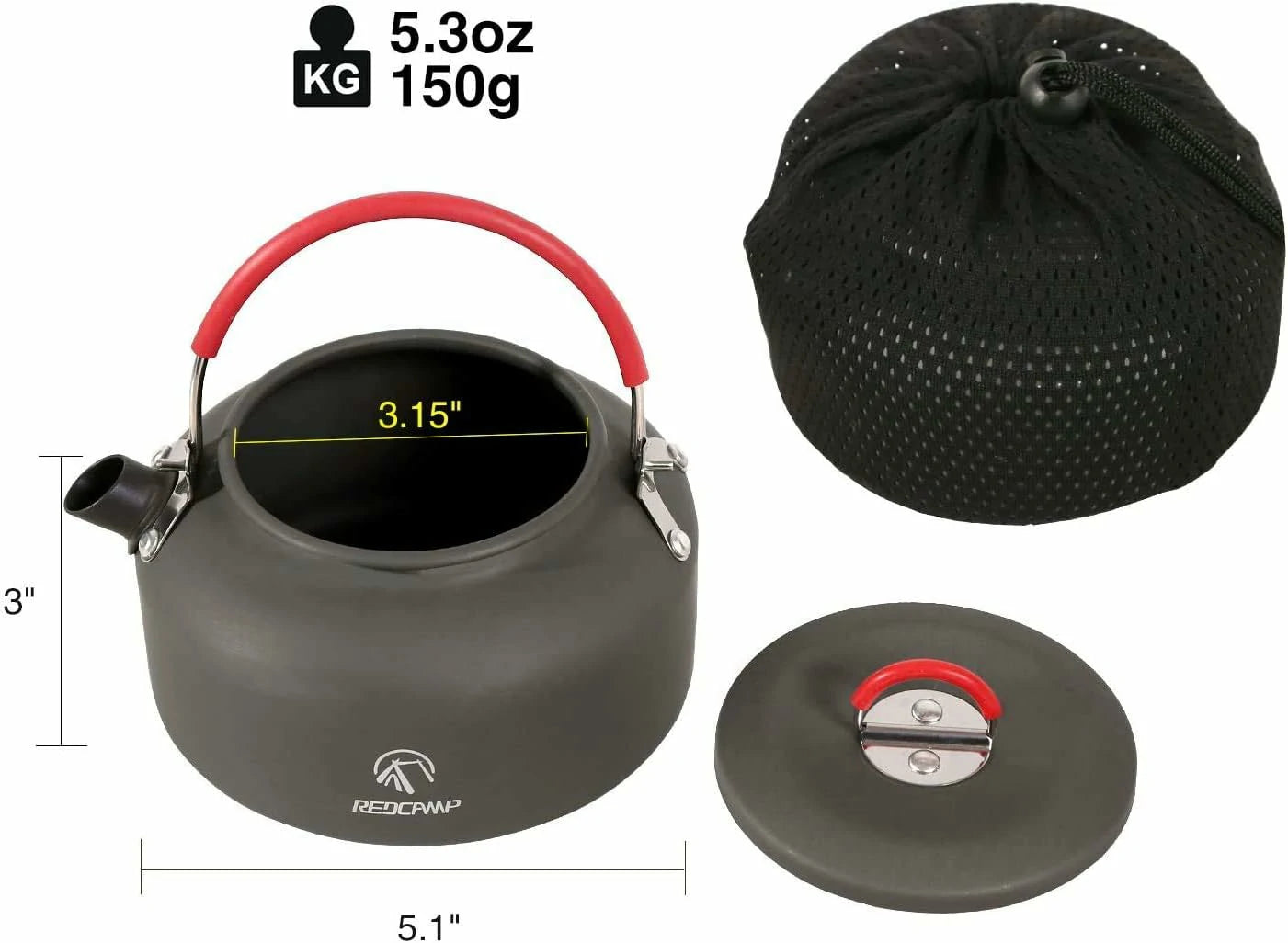 Aluminum Outdoor Camping Kettle with Carrying Bag, 0.8L/0.9L/1.4L/2L