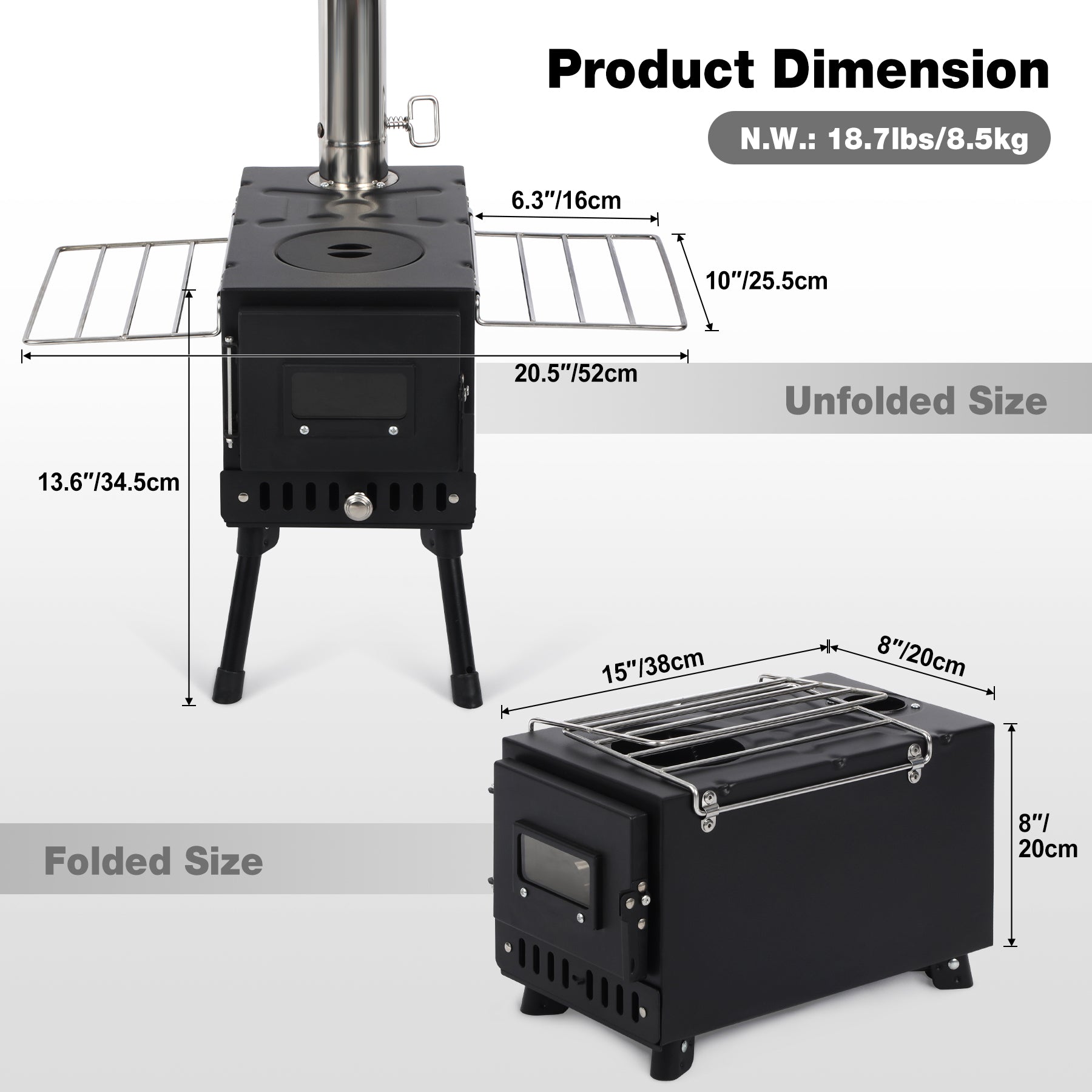 Hot Tent Stove with 6-Section Chimney & Dual Side Racks
