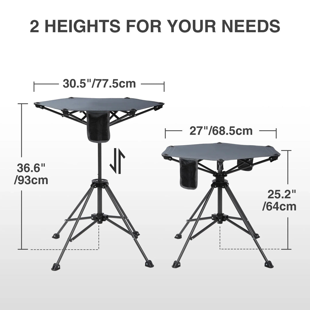 Table de camping pivotante portable à hauteur réglable (64/93 cm), table de pique-nique pliable pour la plage, le jardin et les voyages, tissu imperméable 600D et cadre en métal, sac de rangement inclus.