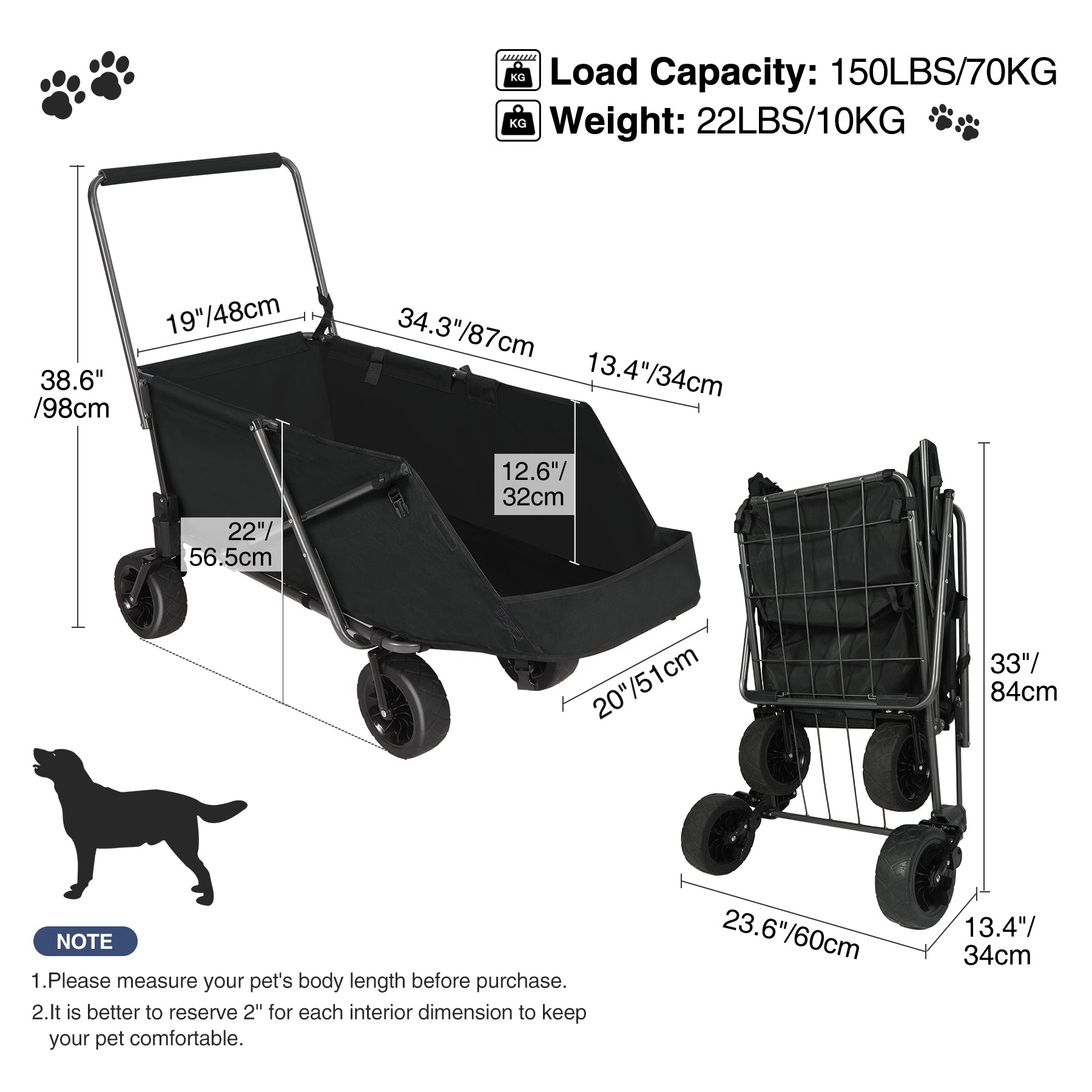 Folding Dog Wagon Cart with Extendable Rear End Heavy Duty