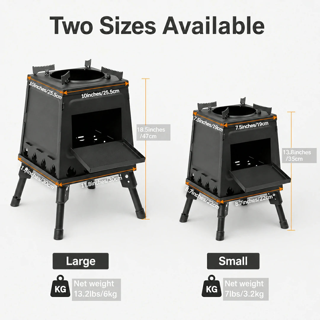 Small and Large cast iron camp stove size and weight comparison