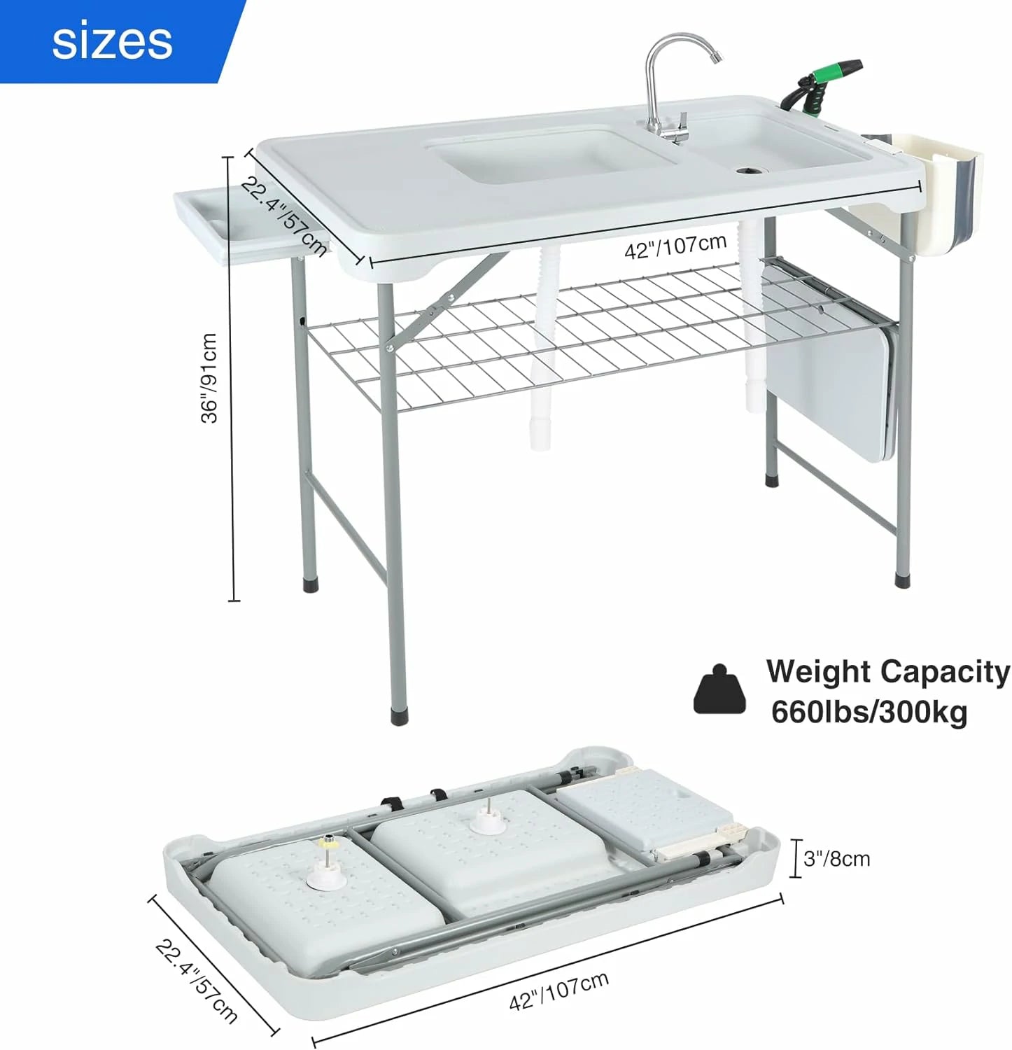 REDCAMP 39.4" Folding Fish Cleaning Table with Double Sink & Faucet