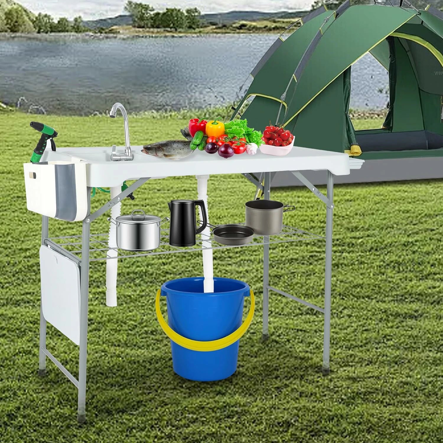 Portable Folding Fish Cleaning Table with Double Sink & Faucet