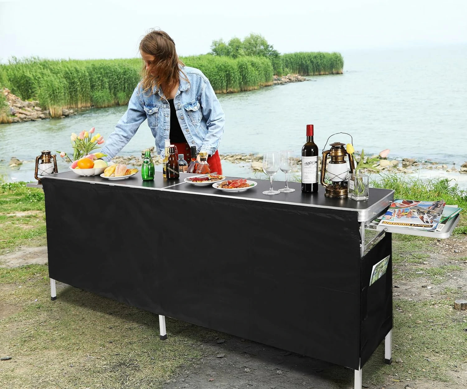 REDCAMP Extra Long Portable Bar Table with Bar Skirts and Storage Shelf