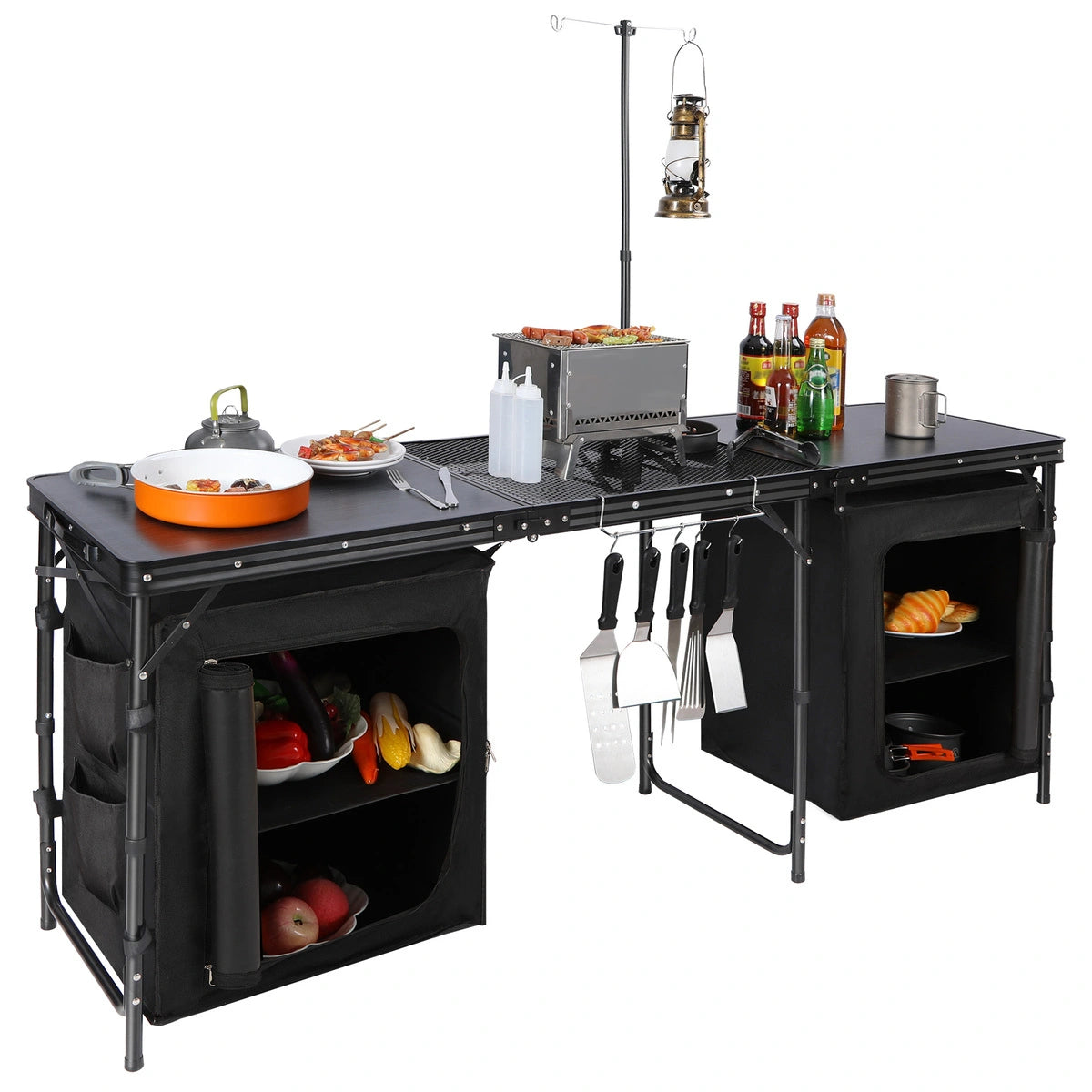 Portable Camping Kitchen Table with Storage Organizer and Hooks