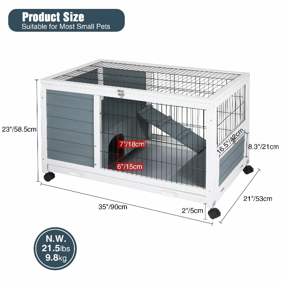 Wooden Rabbit Hutch with Wheels and Openable Roof