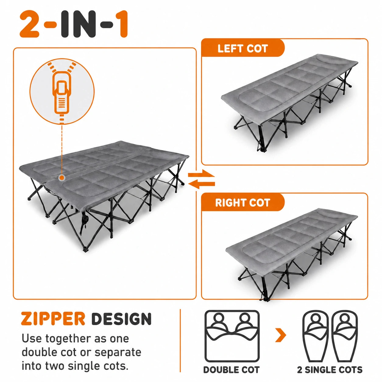 2-in-1 Double Camping Cot with Mattress, 59" Extra Wide Folding Bed for 2 People