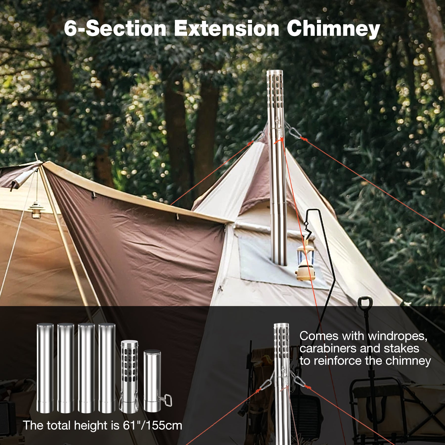 Hot Tent Stove with 6-Section Chimney & Dual Side Racks