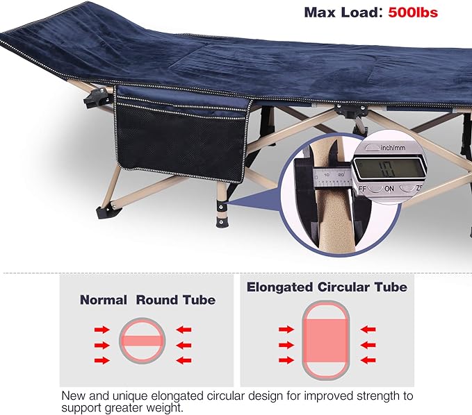 Padded Folding Camping Cot for Adults, Blue Grey