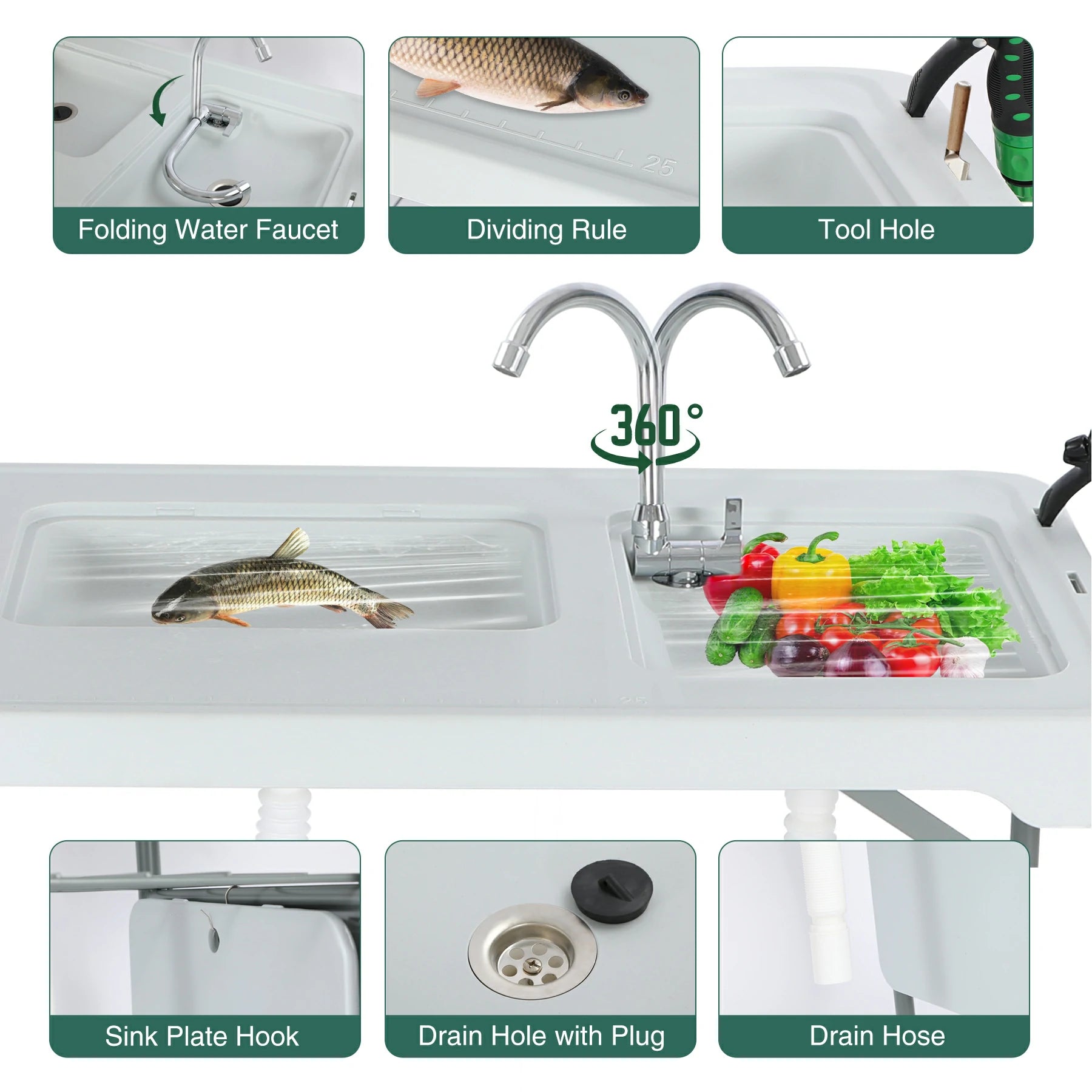 REDCAMP Folding Fish Cleaning Table with Sink and Sprayer