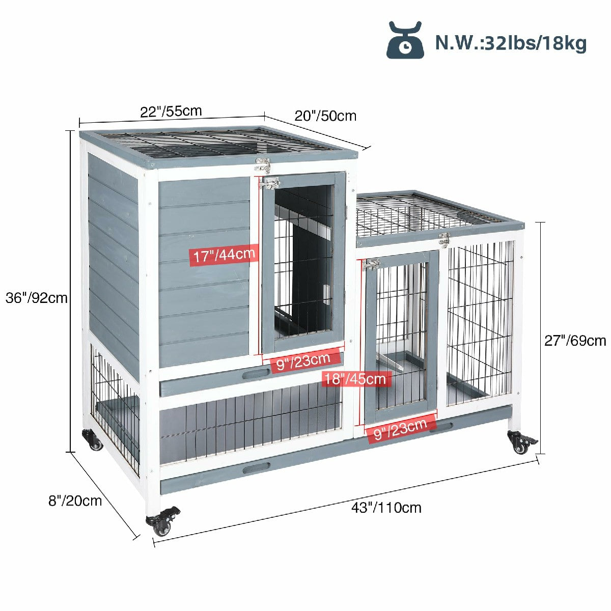 Wooden Rabbit Hutch with Wheels and Openable Roof