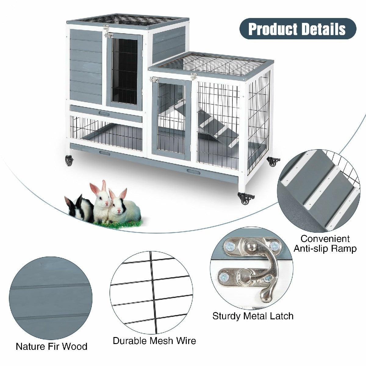 Wooden Rabbit Hutch with Wheels and Openable Roof