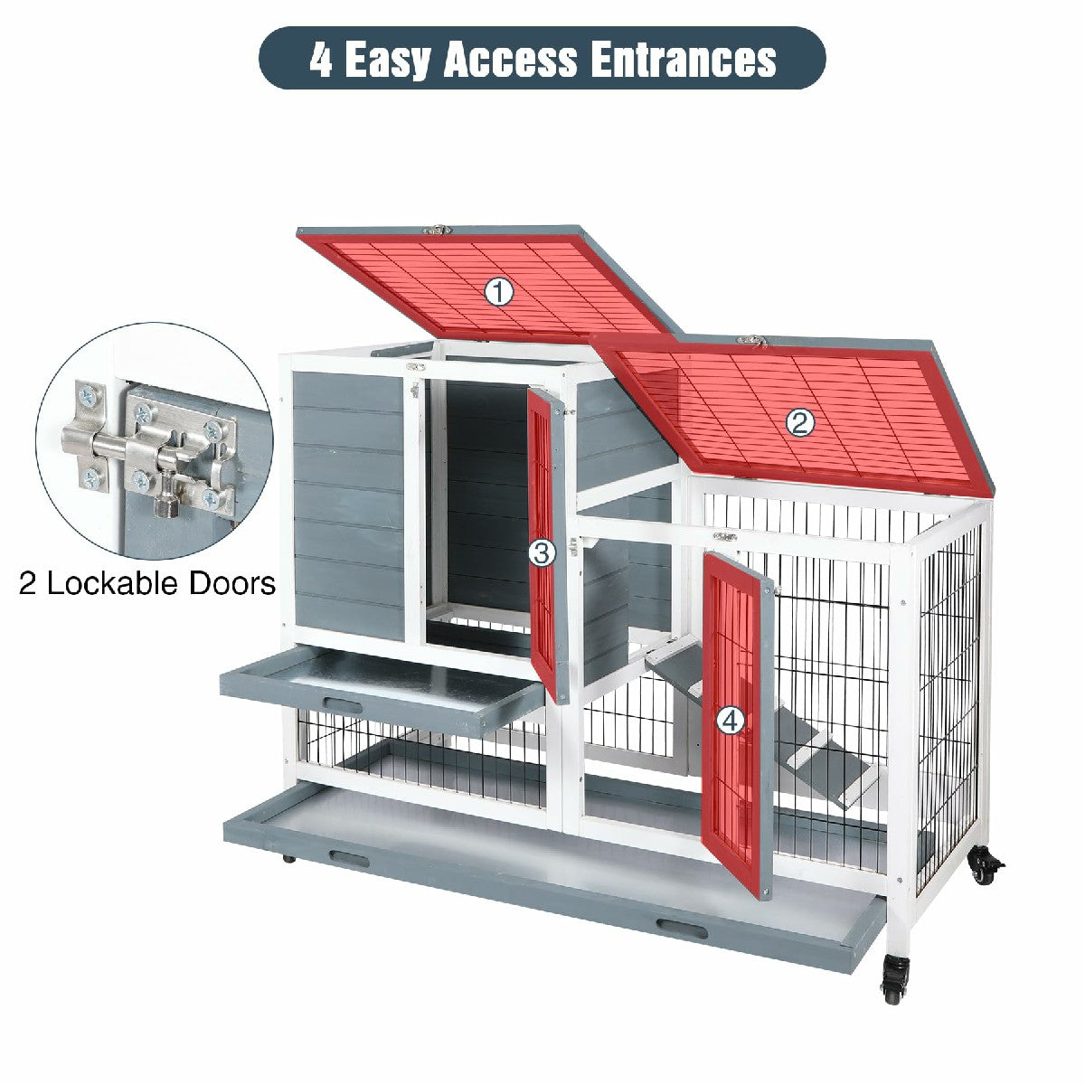 Wooden Rabbit Hutch with Wheels and Openable Roof