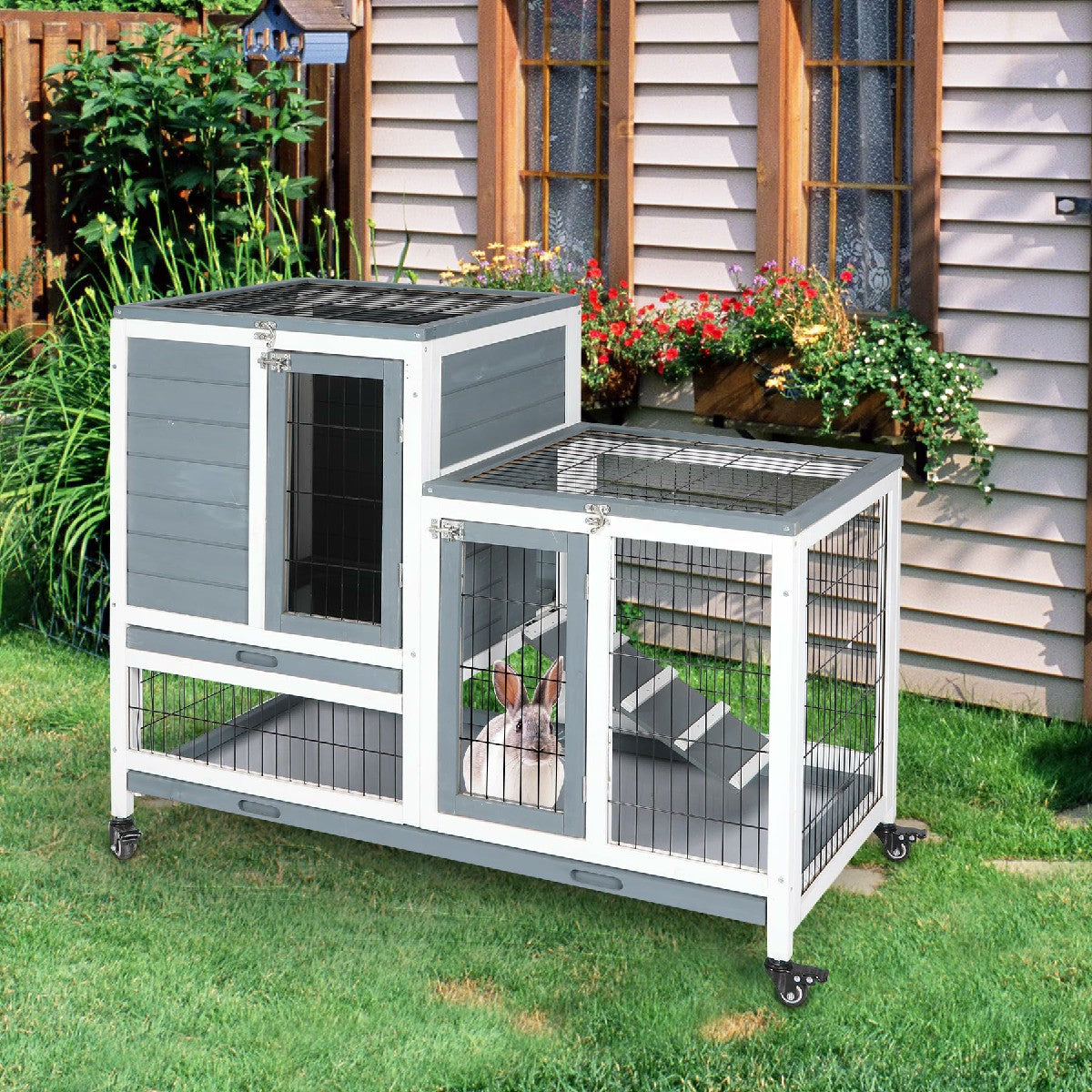 Wooden Rabbit Hutch with Wheels and Openable Roof