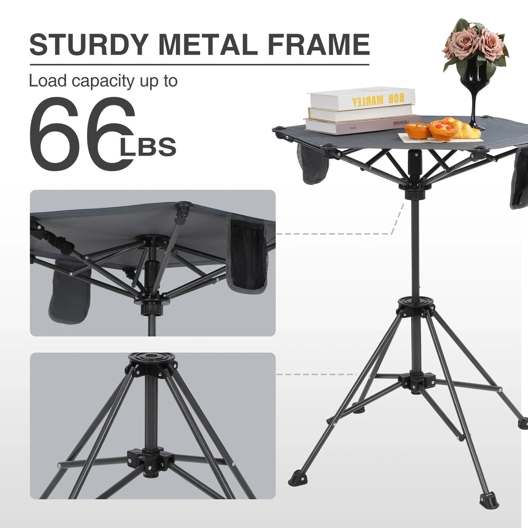 Table de camping pivotante portable à hauteur réglable (64/93 cm), table de pique-nique pliable pour la plage, le jardin et les voyages, tissu imperméable 600D et cadre en métal, sac de rangement inclus.