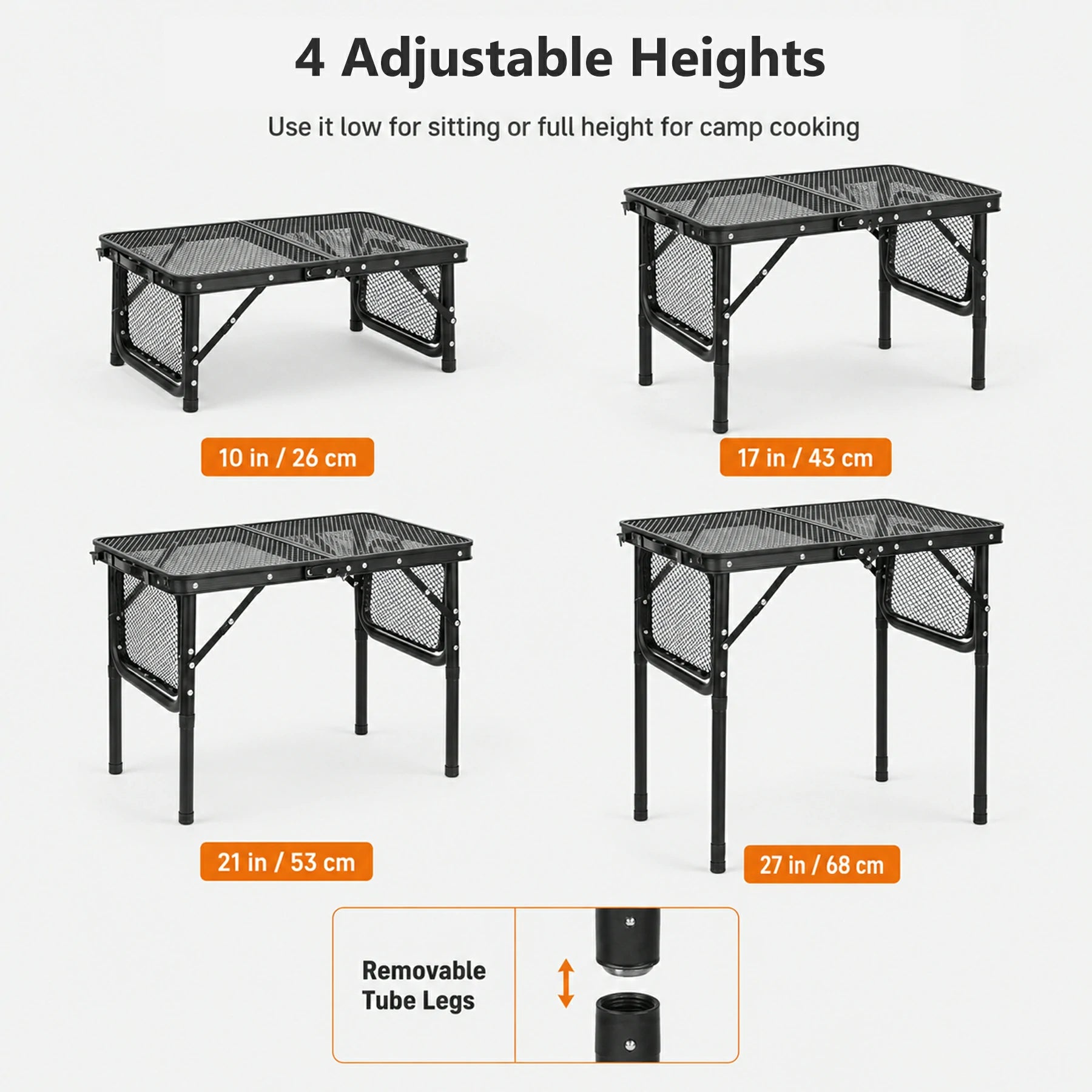 Folding Grill Table with Extra Space, Adjustable Height Portable Small Stand Table for Outdoor Indoor Camping Picnic BBQ, Black with Side Table