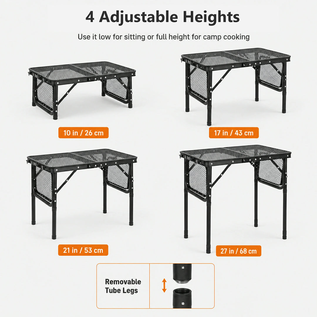 Folding Grill Table with Extra Space, Adjustable Height Portable Small Stand Table for Outdoor Indoor Camping Picnic BBQ, Black with Side Table