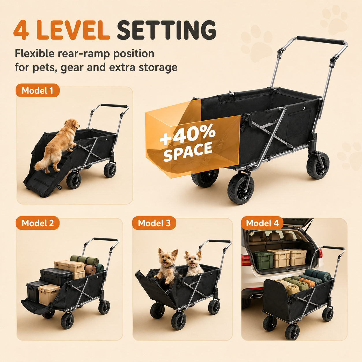 Folding Dog Wagon for Large Dogs with Extendable Rear/ Canopy