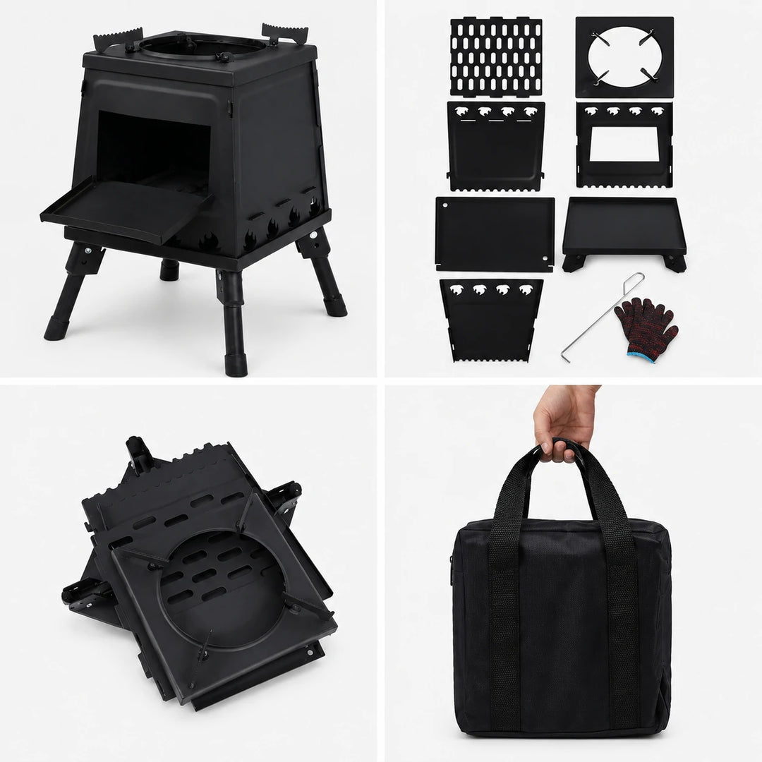 Fold-flat camping stove components, packed stove and portable carry bag