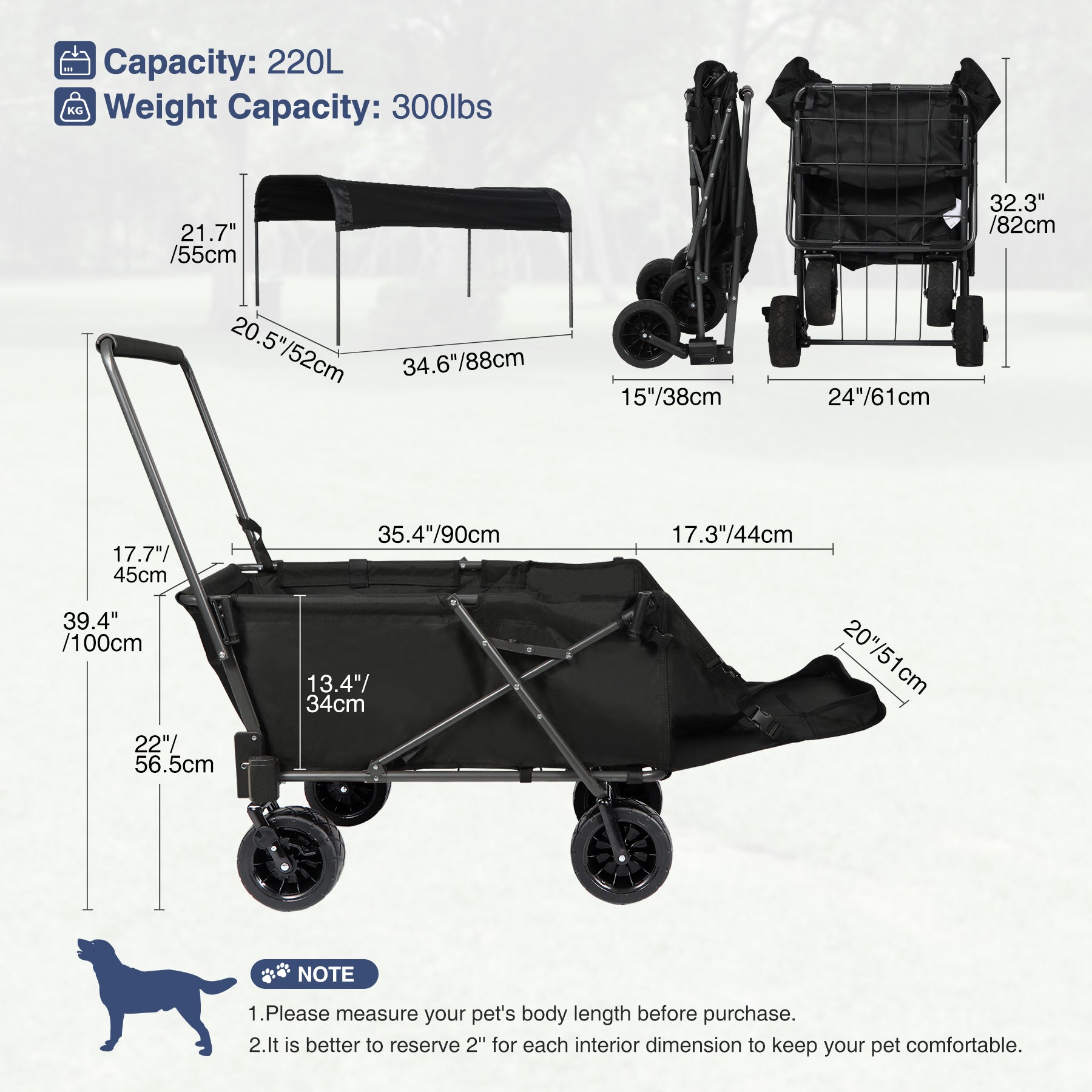 Folding Dog Wagon Cart with Extendable Rear End Heavy Duty