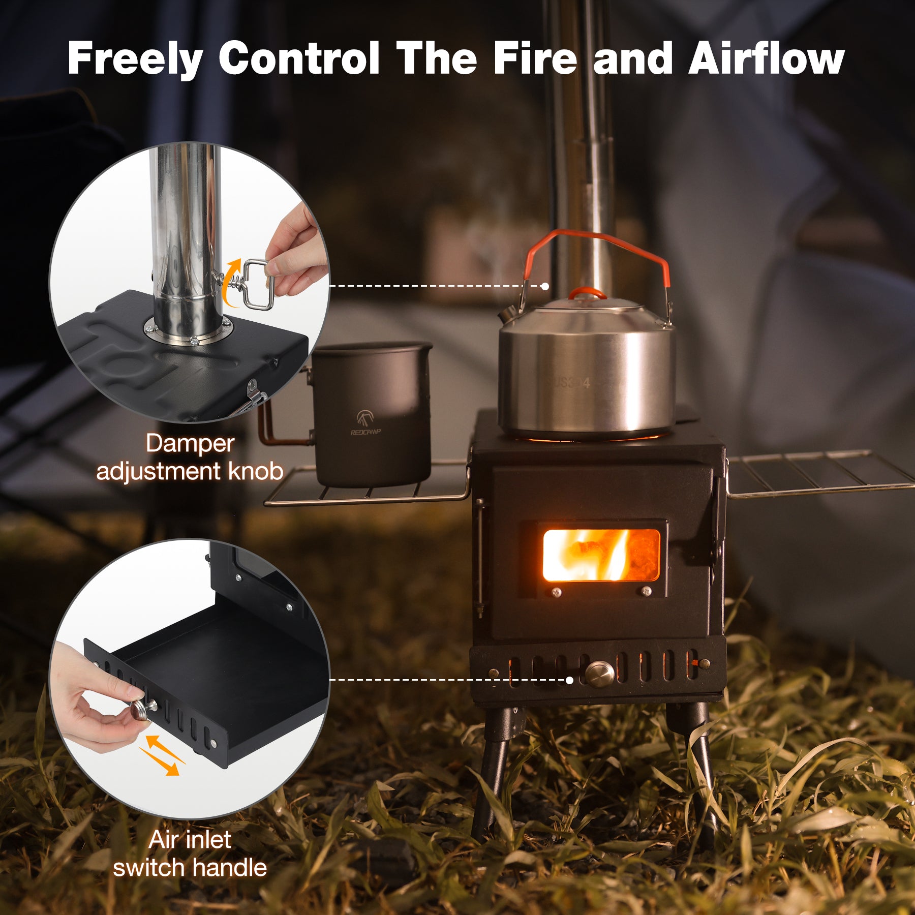 Hot Tent Stove with 6-Section Chimney & Dual Side Racks