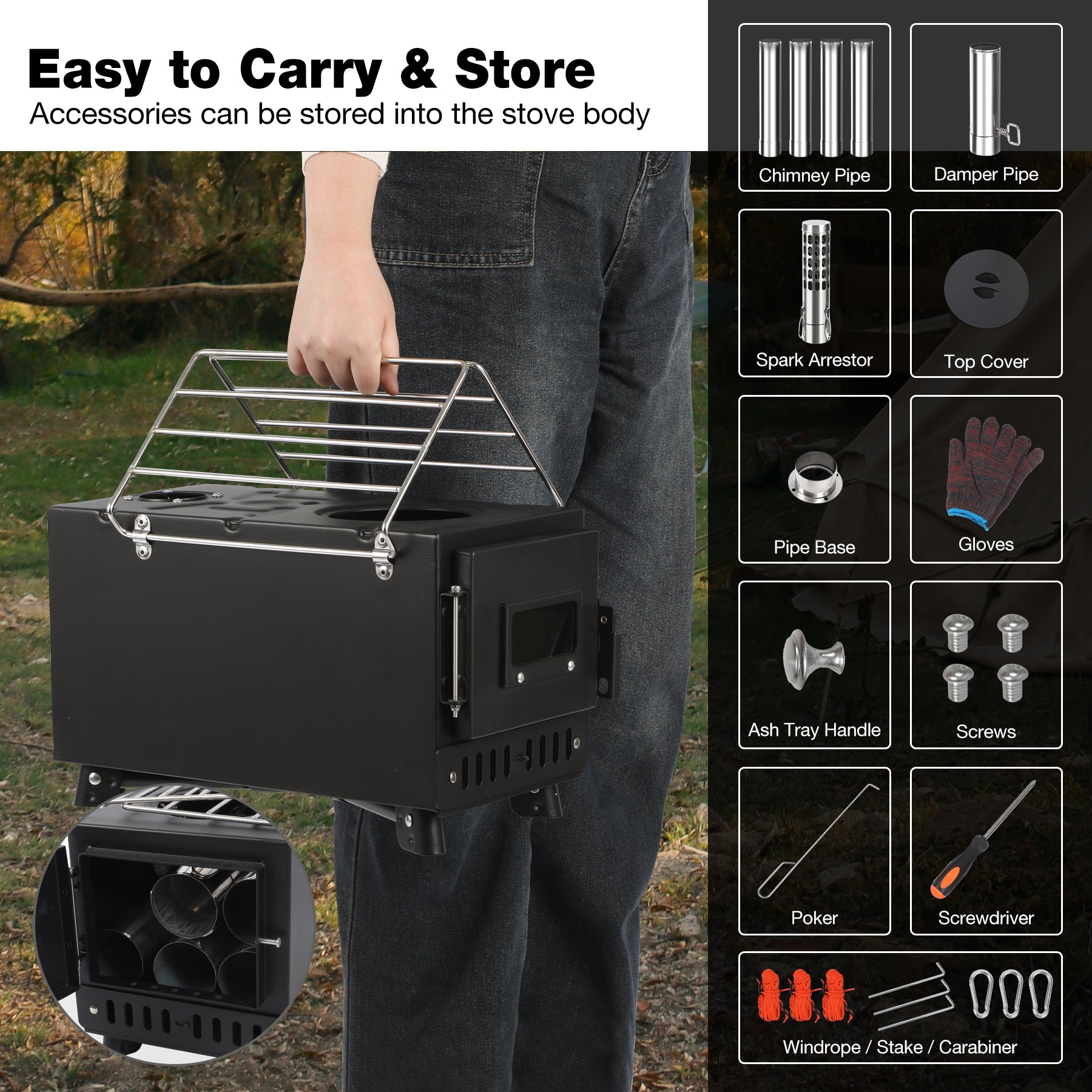 Hot Tent Stove with 6-Section Chimney & Dual Side Racks