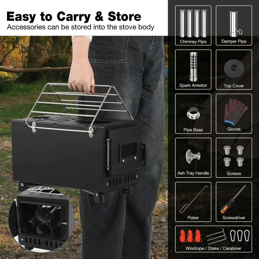 Hot Tent Stove with 6-Section Chimney & Dual Side Racks