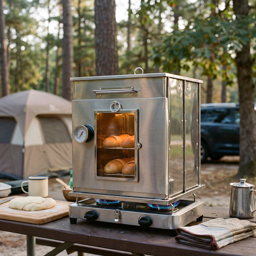 Horno de camping plegable de acero inoxidable con parrilla de 3 niveles para cocinar al aire libre con estufa de propano 