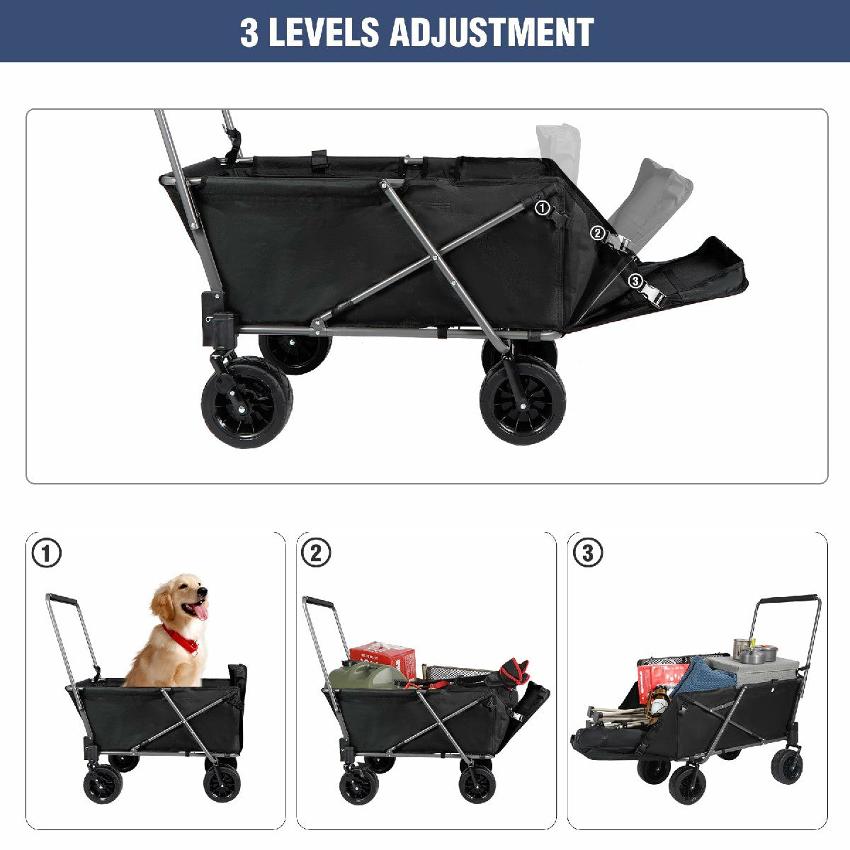 Folding Dog Wagon Cart with Extendable Rear End Heavy Duty