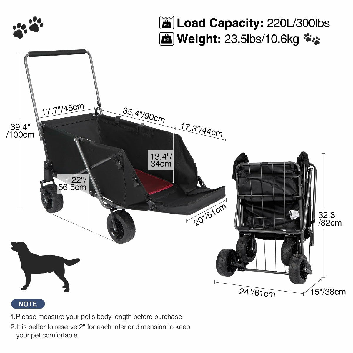 Folding Dog Wagon Cart with Extendable Rear End Heavy Duty