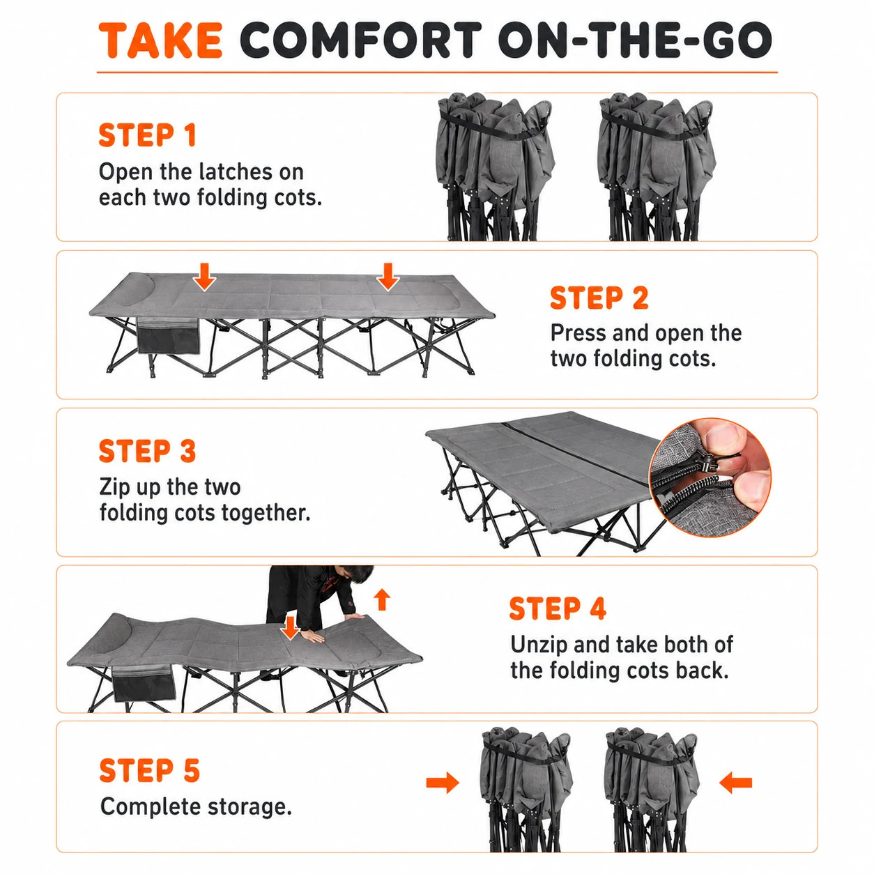 2-in-1 Double Camping Cot with Mattress, 59" Extra Wide Folding Bed for 2 People