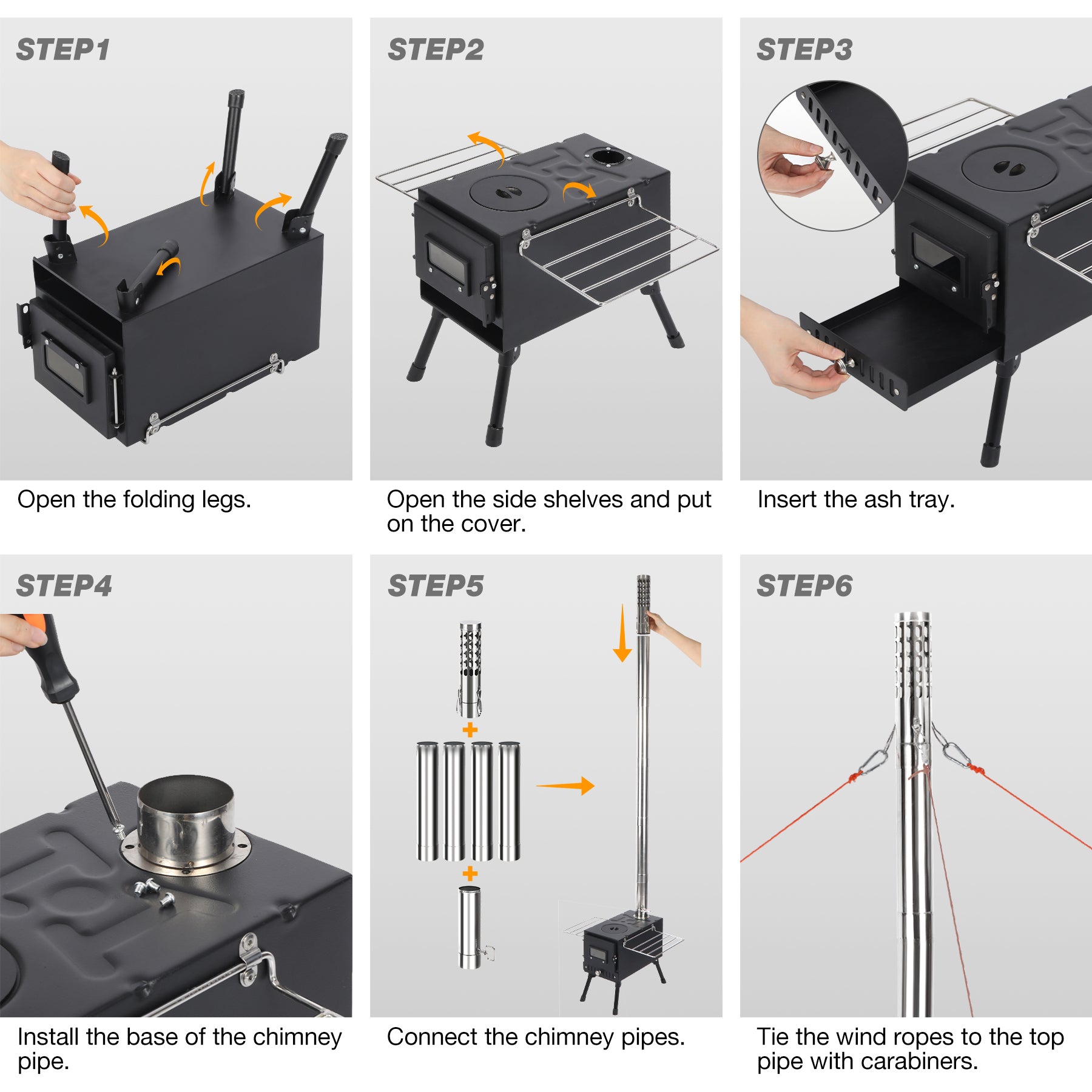 Hot Tent Stove with 6-Section Chimney & Dual Side Racks