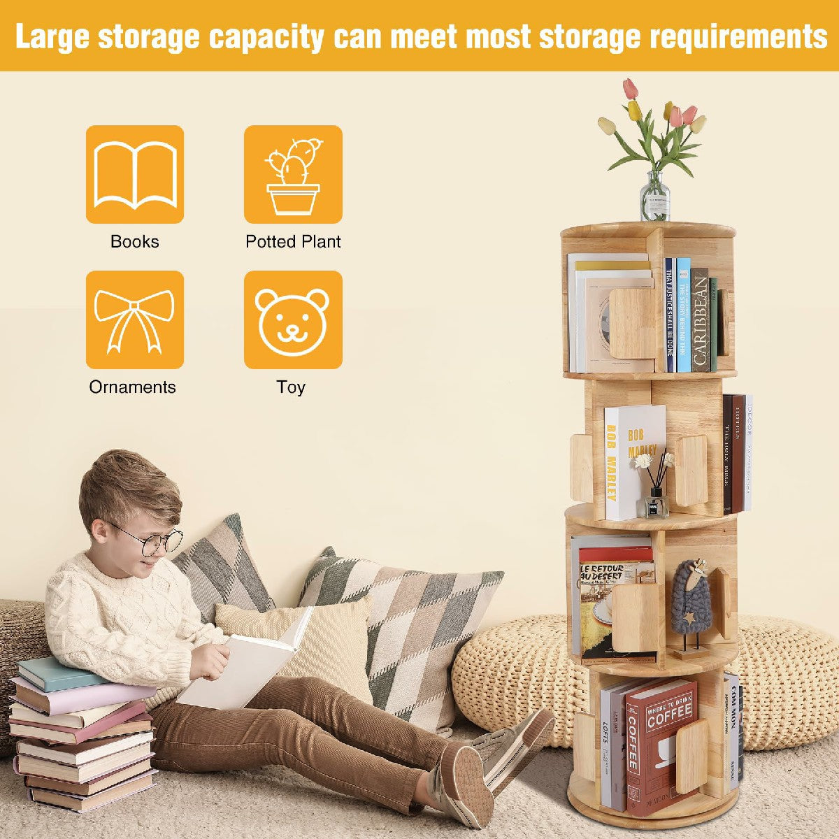 Rotating 360° Bookshelf, 4-Tier Corner Bookcase for Small Spaces