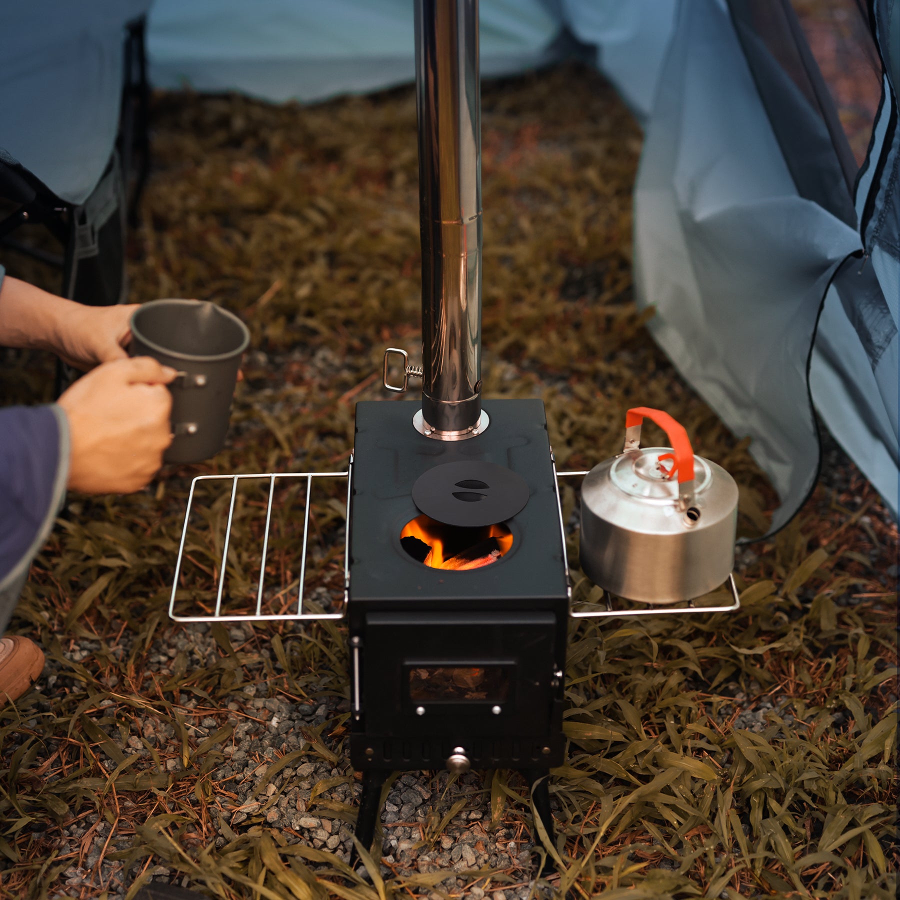 Hot Tent Stove with 6-Section Chimney & Dual Side Racks