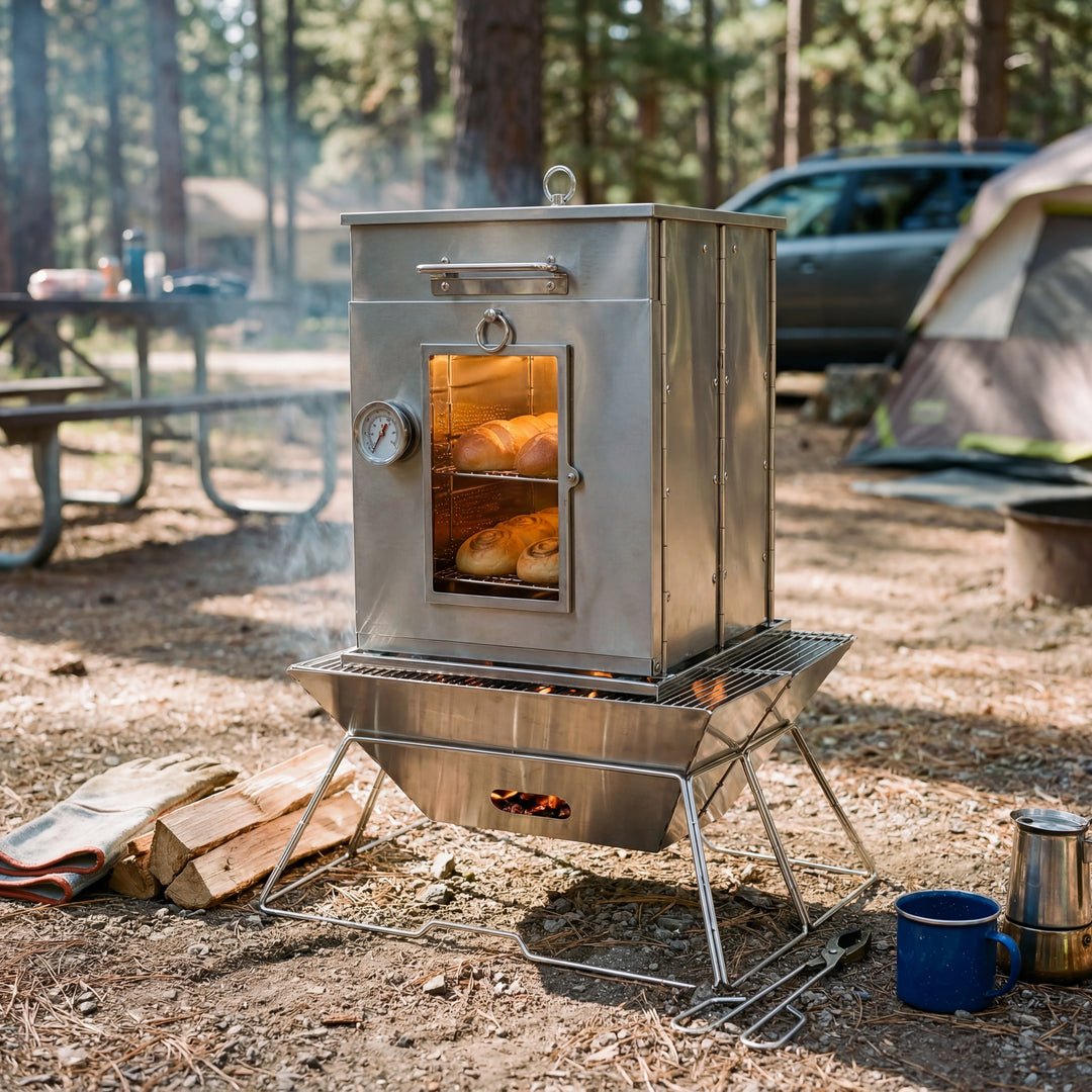 Horno de camping plegable de acero inoxidable con parrilla de 3 niveles para cocinar al aire libre con estufa de propano 