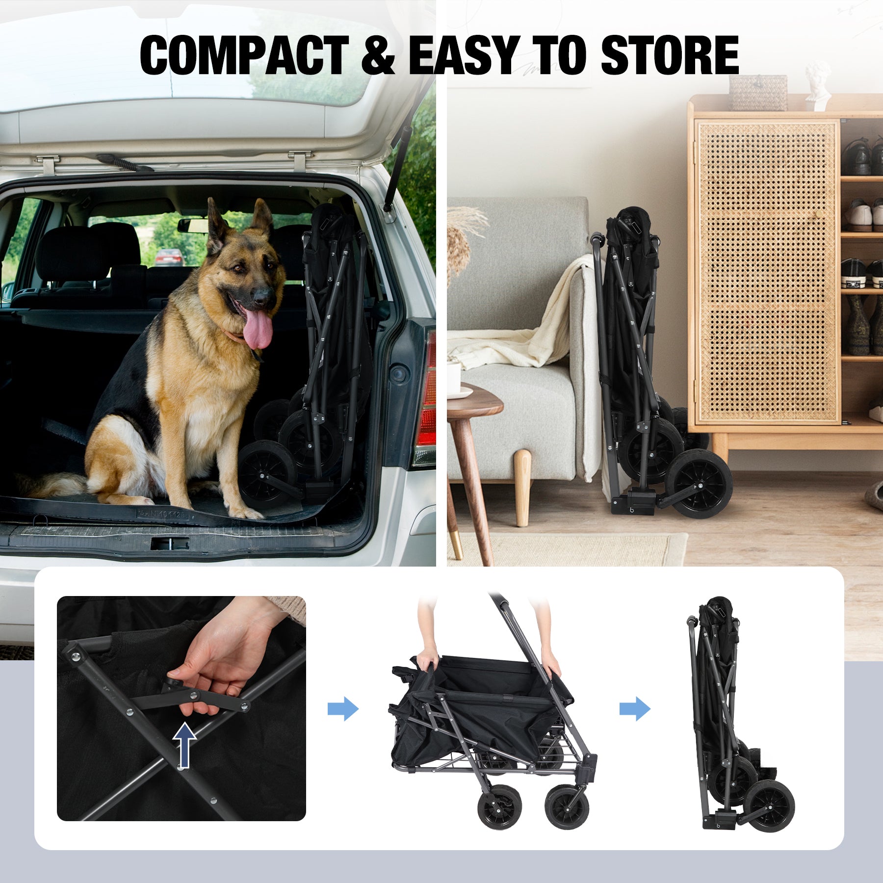 Folding Dog Wagon Cart with Extendable Rear End Heavy Duty