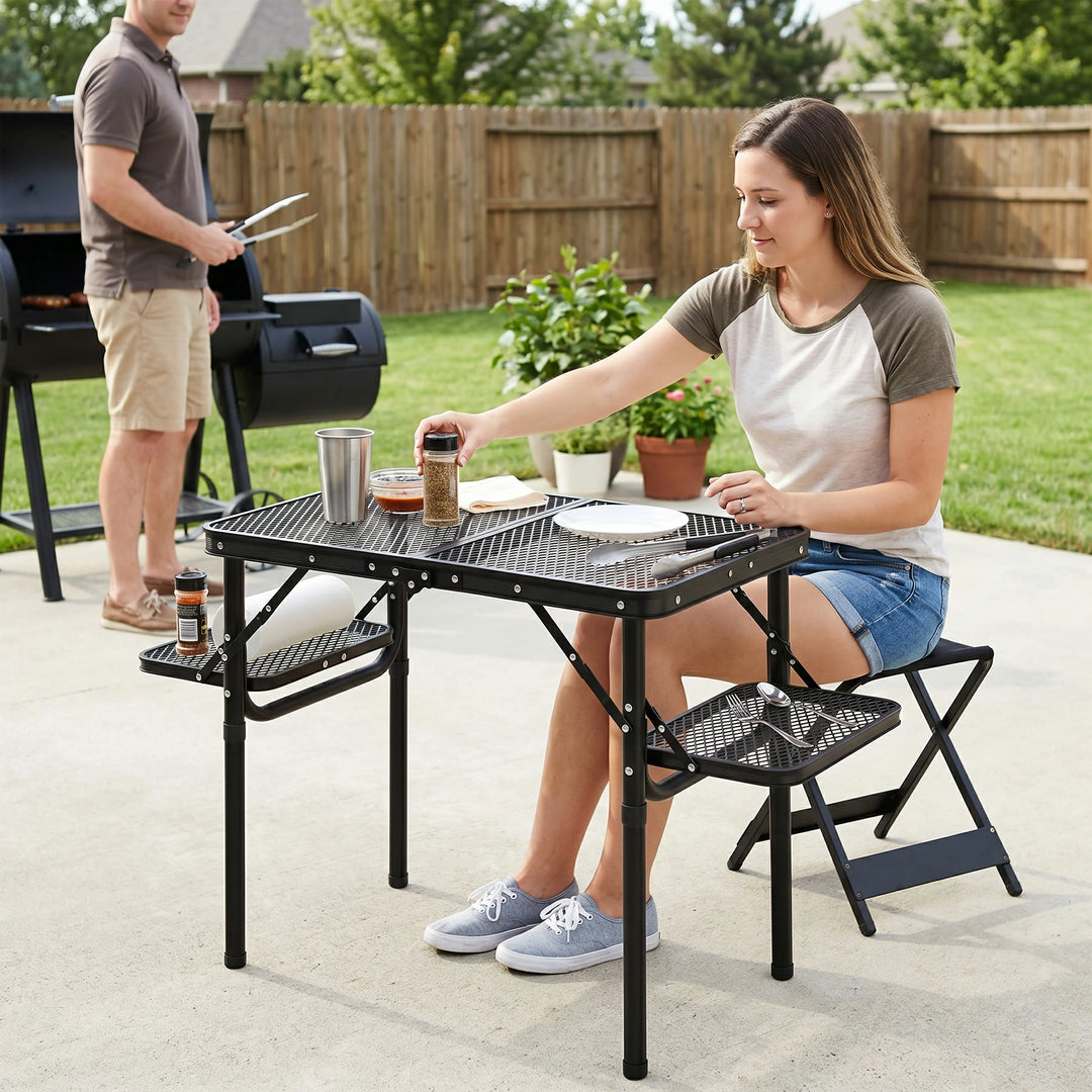 Folding Grill Table with Extra Space, Adjustable Height Portable Small Stand Table for Outdoor Indoor Camping Picnic BBQ, Black with Side Table