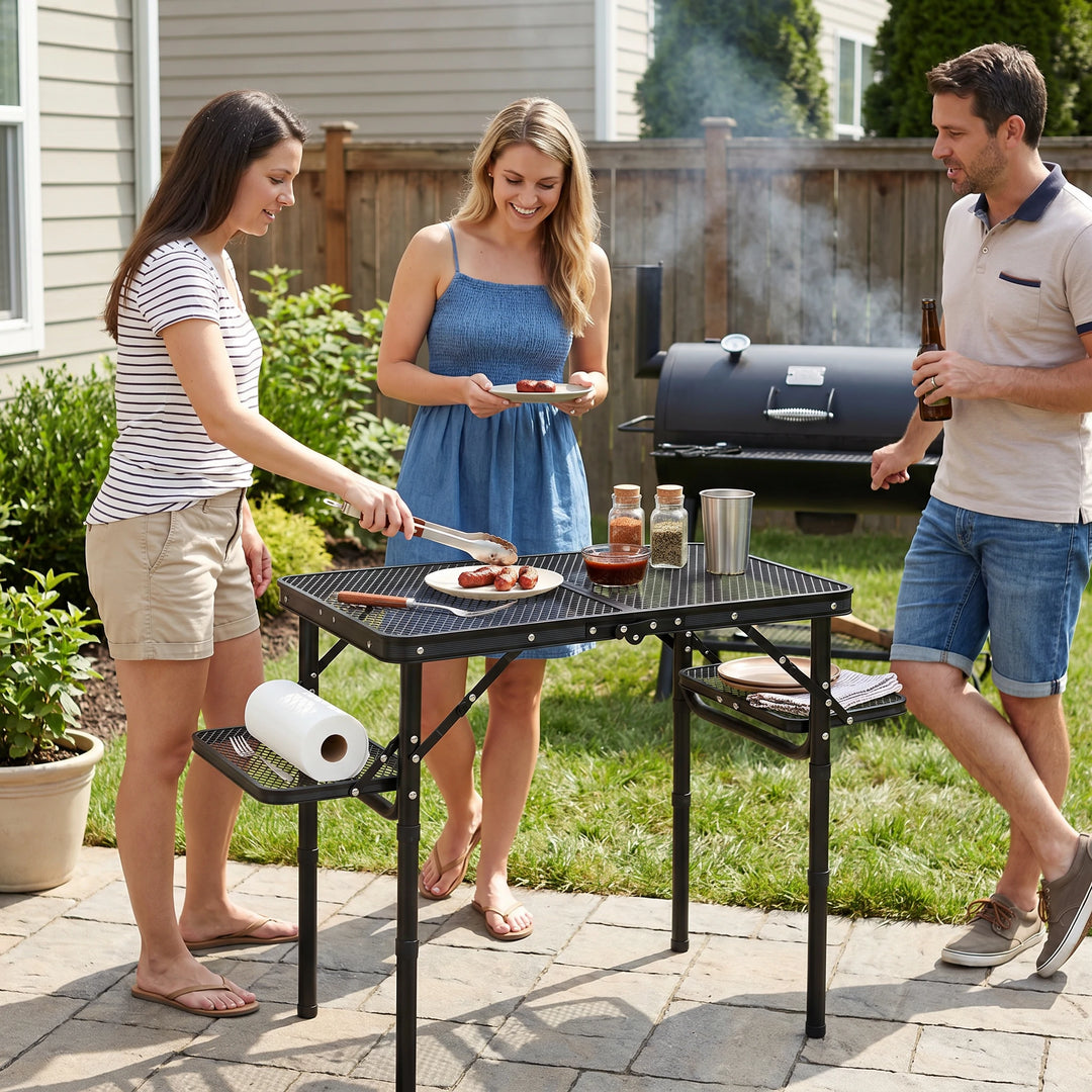 Folding Grill Table with Extra Space, Adjustable Height Portable Small Stand Table for Outdoor Indoor Camping Picnic BBQ, Black with Side Table